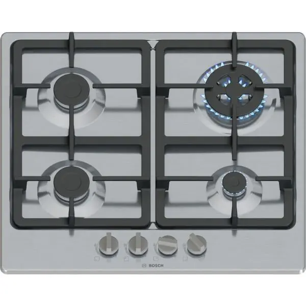 BOSCH Plita incorporabila Bosch PGH6B5K90, Gaz, 4 arazatoare, Gratar fonta, Arzator Wok, 60 cm, Inox