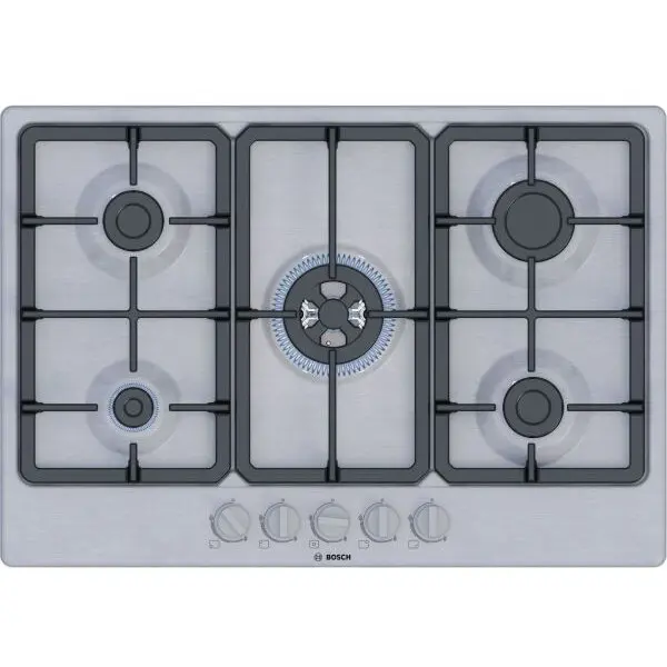 BOSCH Plita incorporabila Bosch PGQ7B5K90, Gaz, 5 arzatoare, Arzator Wok, Gratar fonta, 75 cm, Inox