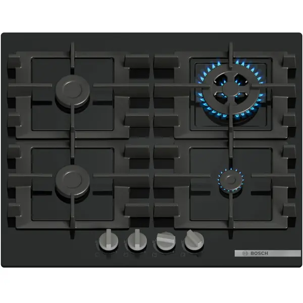 BOSCH Plita incorporabila Bosch PNH6B6K40, Gaz, 4 arazatoare, Gratar fonta, Arazator Wok, 60 cm, Sticla neagra