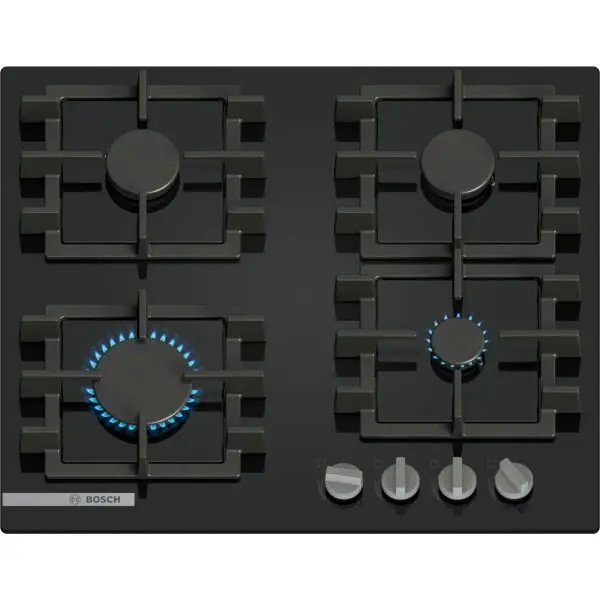 BOSCH Plita incorporabila Bosch PNN6B6K40, Gaz, 4 arzatoare, Gratar fonta, 60 cm, Sticla neagra