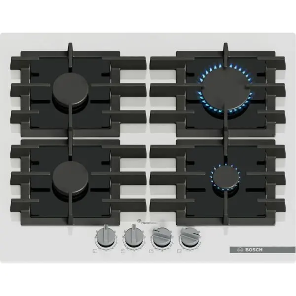 BOSCH Plita incorporabila Bosch PPP6A2I40, Gaz, 4 arzatoare, Flame select, Gratar fonta, 60 cm, Sticla alba