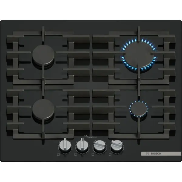 BOSCH Plita incorporabila Bosch PPP6A6I40, Gaz, 4 arzatoare, Flame select, Gratar fonta, 60 cm, Sticla neagra