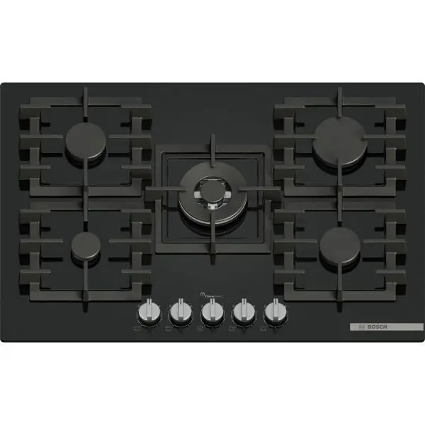 BOSCH Plita incorporabila Bosch PPQ7A6I40, gaz, 5 arzatoare, Flame select, Arzator Wok, Gratar fonta, 75 cm, Sticla neagra