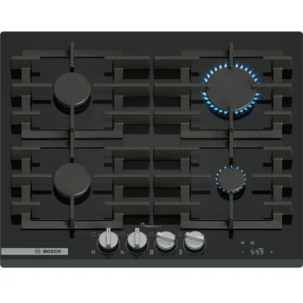 BOSCH Plita incorporabila Bosch PRP6A6H40, gaz, 4 arzatoare, Flame select, Gratar fonta, Touch control & mecanic, Smart Hood Automatic, Home Connect, 60 cm, Sticla neagra