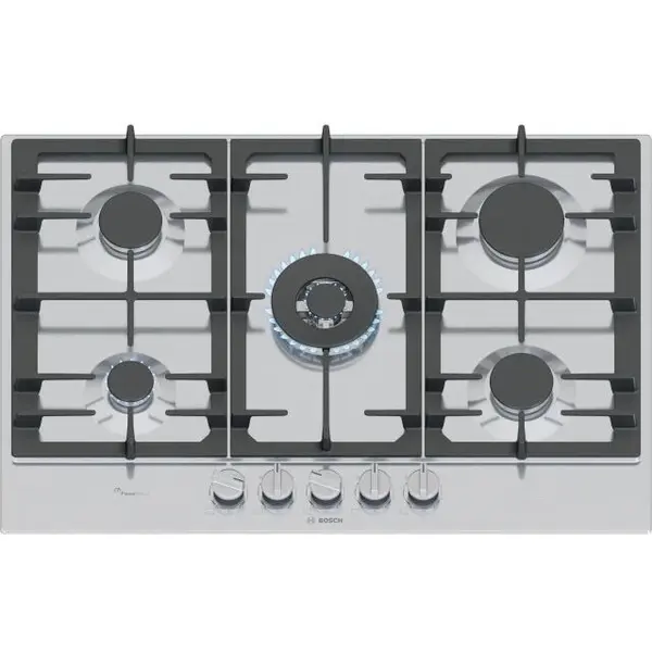 BOSCH Plita incorporabila gaz Bosch PCQ7A5I90, 5 arzatoare, tehnologie FlameSelect, 75 cm, Inox