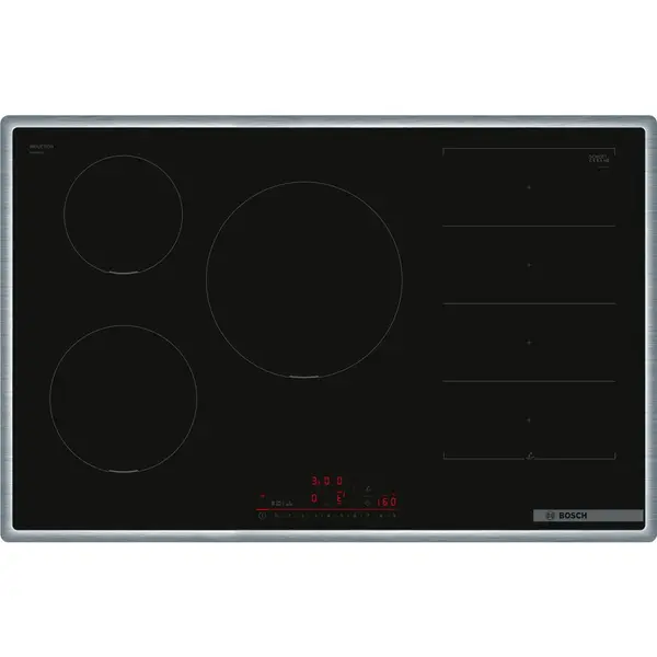 BOSCH Plita inductie incorporabila vitroceramica Bosch PXV845HC1E Seria 6, 80 cm, 4 zone gatit, Negru-Otel inoxidabil