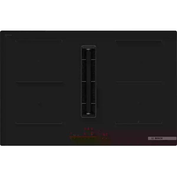 BOSCH Plita vitroceramica Bosch PVQ811H26E Serie 6 cu hota incorporata,, 4 zone de gatit cu inductie, control temperatura PerfectFry Plus, putere de extractie 622 mc/h 7400 W, 80cm, Negru