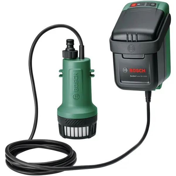 BOSCH Pompa de apa pluviala pe acumulator Bosch GardenPump 06008C4203, 18 V, 33.3 l/min debit maxim, 2.5 m lungime furtun conectare, 1.8 m adancime maxima rezervor, 30 min timp functionare maxim, fara acumulator/incarcator, Verde-Negru
