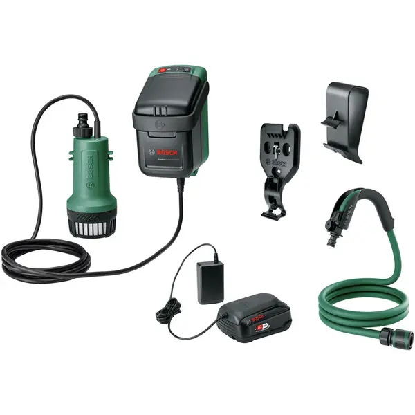 BOSCH Pompa submersibila apa curata/de ploaie pe acumulator Bosch GardenPump, 18 V, 2.5 Ah, 2000 l/h debit maxim, 30 min timp maxim functionare, 2.5 m lungime furtun, ghidaj furtun, accesoriu prindere rezervor/perete, acumulator, incarcator, Verde-Negru