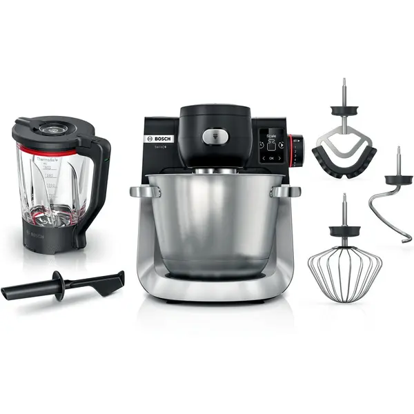 BOSCH Robot de bucatarie cu cantar Bosch MUMS6ZS17, 1600 W, 7 programe automate, Blender ThermoSafeglass cu capacitate de 2.3 l, Bol otel inox 5,5 l, 7 trepte de putere, Mixare planetara 3D, Negru