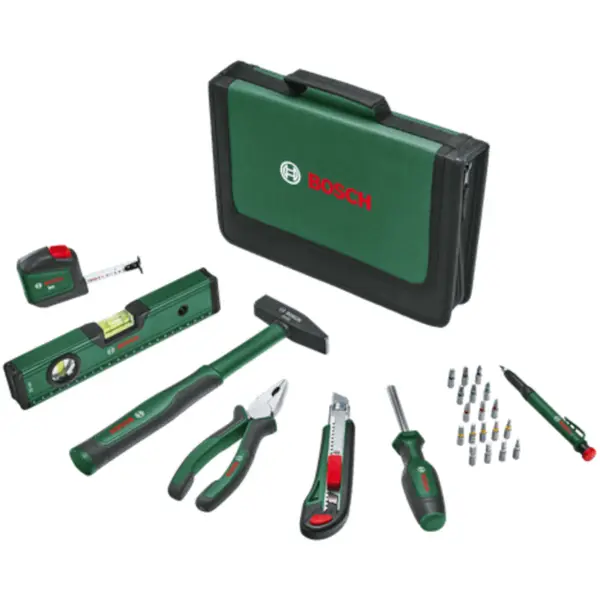 BOSCH Set 25 scule de mana Bosch Universal 1600A02BY6, cleste patent, surubelnita universala, ciocan din fibra de sticla 300 g, cutter, ruleta, nivela cu bula de aer de 25 cm, geanta
