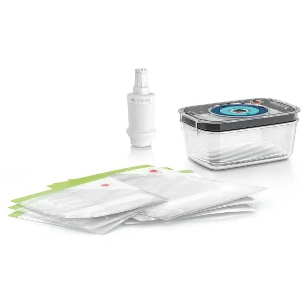 BOSCH Set accesorii Bosch Vacuum MSZV1FS1 - 17006932, Pompa alba, Caserola Tritan cu tavita scurgere, Cadran salvare data, Interval -18~85°C, Microunde nu mai mult de 90s la 900W, 6 pungi