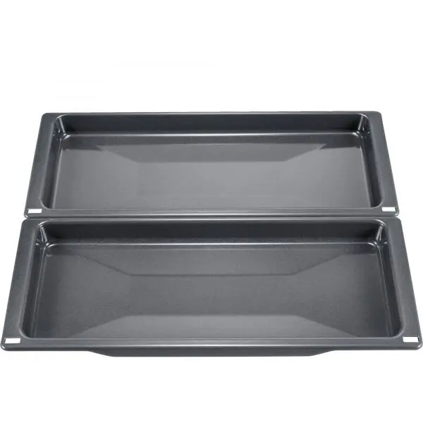 BOSCH Set de doua tavi universale inguste emailate BOSCH HEZ530000 - 17003020, L45.5cm, l18.80cm, H3.90cm, G1.3kg, Greutate maxima admisa 16kg, Maximum 350°C, DW Safe, Grey