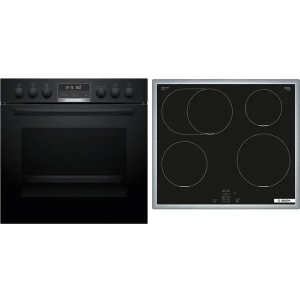 BOSCH Setul Bosch HND675LS62 cuprinde aragazul incorporabil HEG578BB4, 71 l, 30 programe automate pentru gatit, autocuratare prin piroliza si plita electrica NIF645CB5E, 4 zone gatit cu inductie, 17 niveluri de putere, Negru