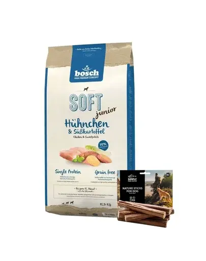 BOSCH Soft Junior Hrana uscata cu pui si cartofi dulci pentru cainii junior 12,5 kg + recompense sticks 7 buc.