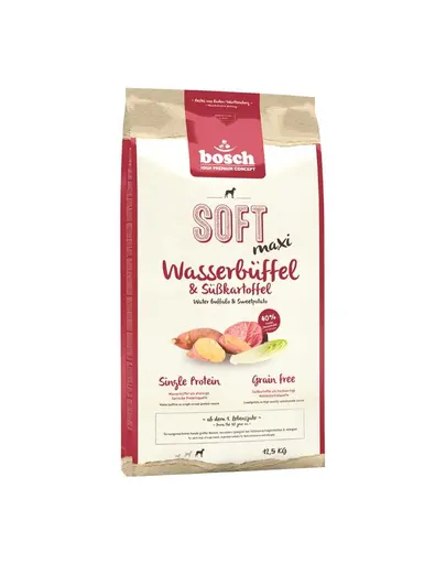 BOSCH Soft Maxi Hrana uscata pentru cainii adulti de talie mare, carne de bivol si cartofi dulci 12,5 kg + Recompense sticks 7 buc.