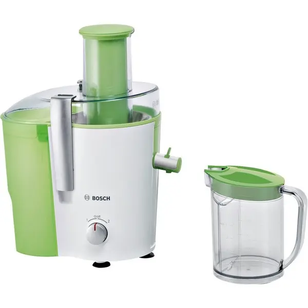 BOSCH Storcator de fructe si legume Bosch MES25G0, 700 W, Recipient suc 1.25 l, Recipient pulpa 2 l, 2 Viteze, Tub de alimentare 73 mm, Alb/Verde
