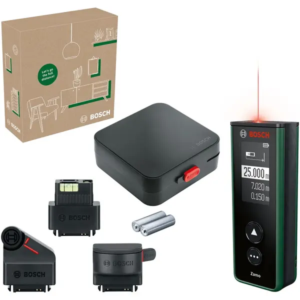BOSCH Telemetru Bosch Zamo IV Set 06036729Z1, masurarea precisa cu laser a distantelor de pana la 25 m, masurare lungimi, suprafete si volume, inclus accesorii: nivela, roata si ruleta