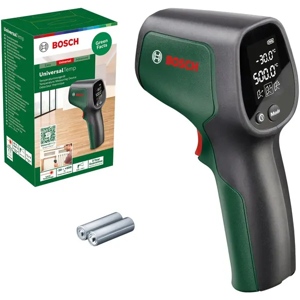 BOSCH Termodetector Bosch UniversalTemp 06036831Z0, tehnologia sa cu laser cu infrarosu are un domeniu vast de masurare de la -30 °C pana la +500 °C, afisaj retroiluminat lizibil