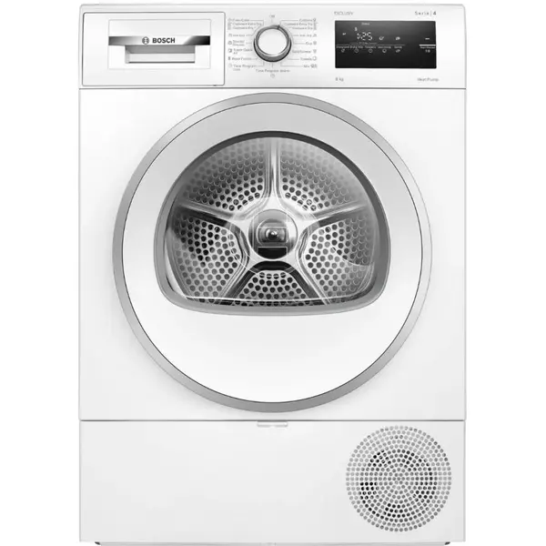 BOSCH Uscator de rufe Bosch WTH85293BY Seria 4, 8 kg, Clasa D, Condensare si Pompa de caldura, AutoDry, Uscare rapida 40 min, Alb