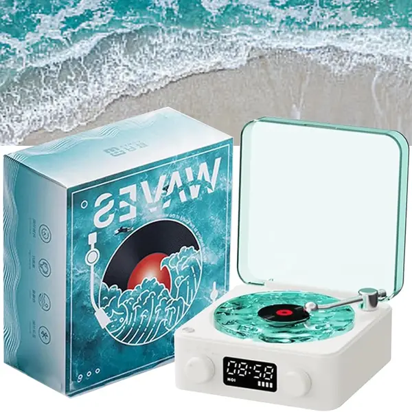 Boxa Portabila Vintage model Vinyl Timebox, cu Lumini, Proiectii de valuri si Timp Reglabil pentru Dormitor si Petreceri, Lampa de veghe tip proiector, AUX, Bluetooth, Card TF, Sunet Surround 360°, Alb