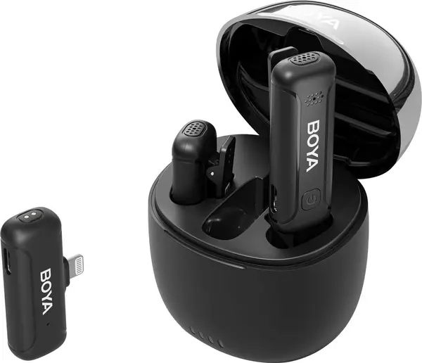 Boya BY-WM3T2-D2 Lavaliere Wireless pentru iOS, Dual-Channel 2.4GHz, Port Lightning, Anulare Zgomot AI, Autonomie 7h