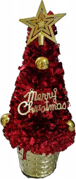 Brad artificial de Craciun Novokids Mini Christmas Tree Rosu pentru casa si birou, Cu decoratiuni si suport incluse, Inaltime 35 cm