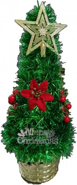 Brad artificial de Craciun Novokids Mini Christmas Tree Verde pentru casa si birou, Cu decoratiuni si suport incluse, Inaltime 35 cm