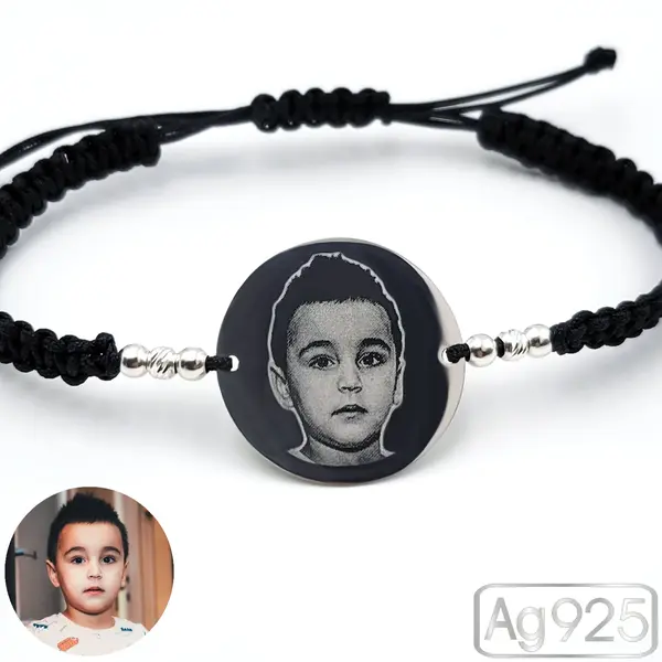 Bratara banut argint gravat cu poza (22 mm) - Snur impletit si bilute Ag