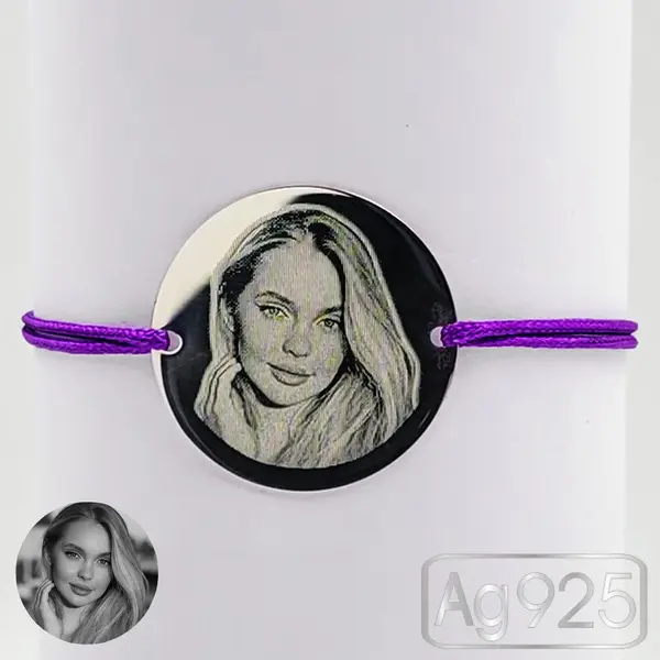 Bratara banut argint gravat cu poza (22 mm) - Snur reglabil