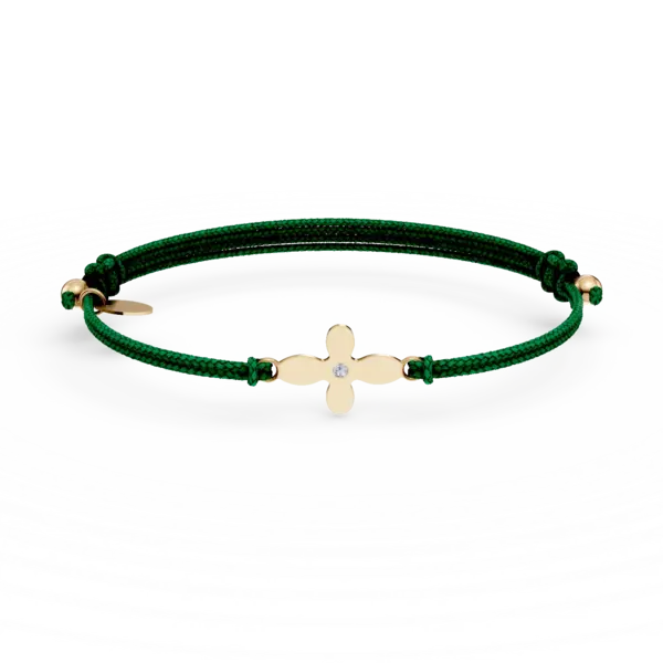 Bratara cu snur verde si pandantiv cruce din aur galben cu diamant de 0.005ct
