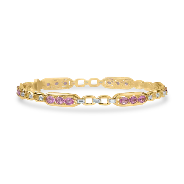 Bratara din aur galben cu safire roz de 3.75ct si diamante baguette si rotunde de 0.9ct