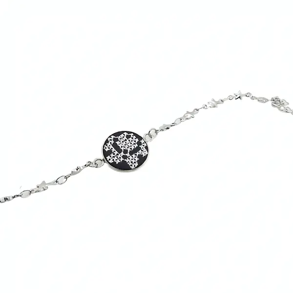 Bratara din inox cu broderie traditionala si lant inox Alb