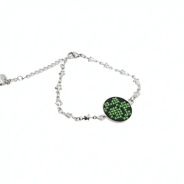 Bratara din inox cu broderie traditionala si lant inox Verde