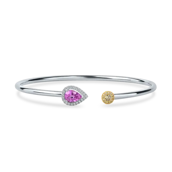 Bratara fixa deschisa din aur alb cu safir roz pear si diamante galbene de 1.2ct