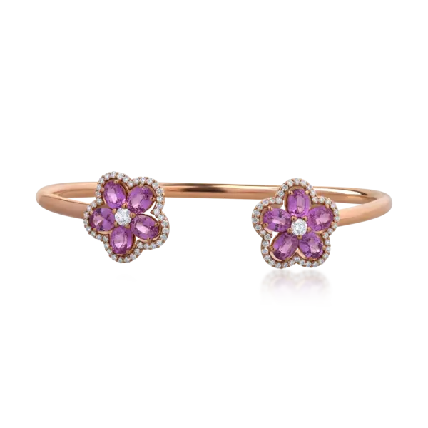 Bratara florala fixa deschisa din aur roz cu safire roz ovale de 4.88ct si diamante de 0.74ct