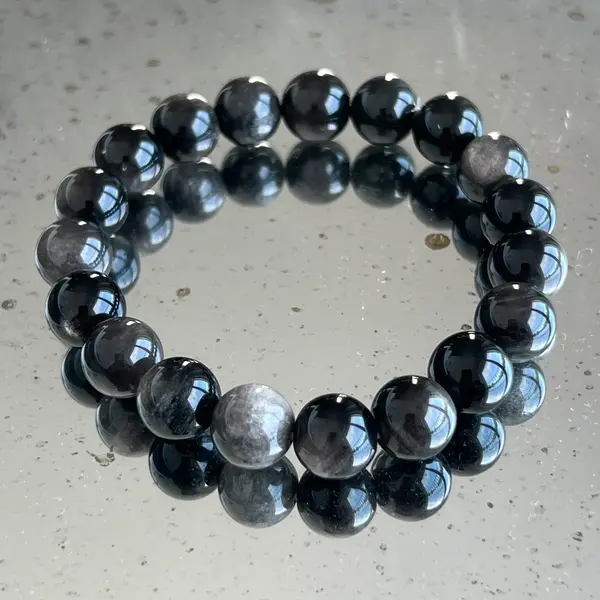Bratara obsidian argintiu 10 mm