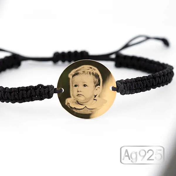 Bratara personalizata cu poza - Banut 19mm Ag placat cu Aur - Snur impletit
