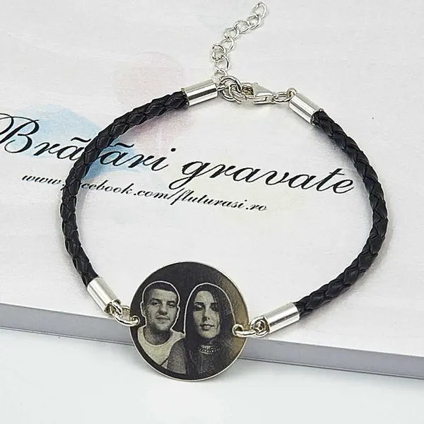 Bratara personalizata din piele cu banut gravat din argint-22mm