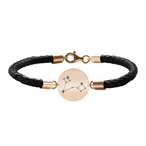 Bratara Premium din piele impletita si banut argint 925 placat cu aur Roz personalizat cu constelatii - Pesti