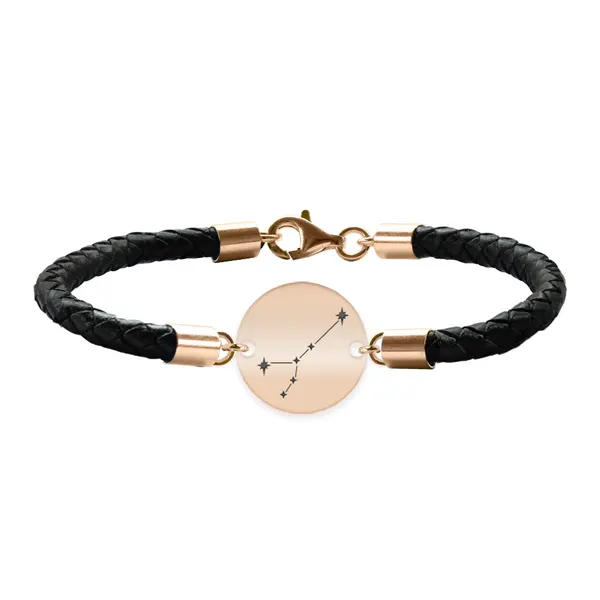 Bratara Premium din piele impletita si banut argint 925 placat cu aur Roz personalizat cu constelatii - Rac