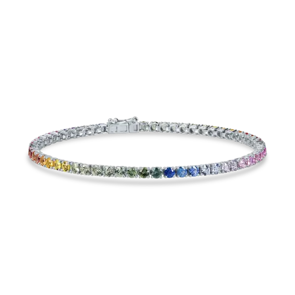 Bratara tennis din aur alb cu safire multicolore de 6ct
