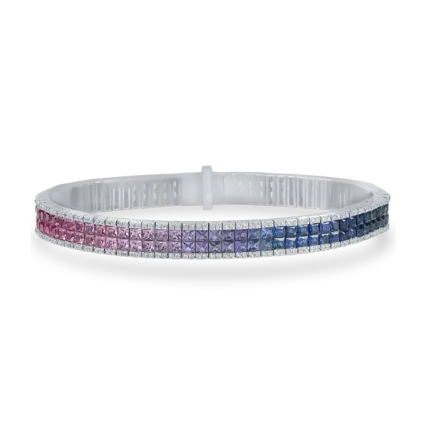Bratara tennis din aur alb cu safire multicolore princess de 8.62ct si diamante de 0.89ct