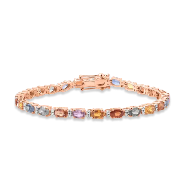 Bratara tennis din aur roz cu safire multicolore ovale de 8ct si diamante de 0.2ct