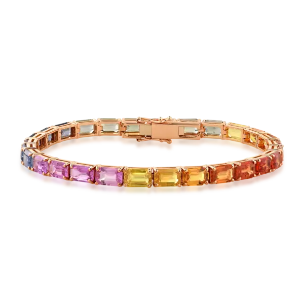 Bratara tennis din aur roz cu safire multicolore rectangulare de 18.85ct