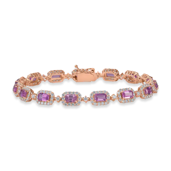Bratara tennis din aur roz cu safire roz rectangulare de 5.6ct si diamante de 2.2ct