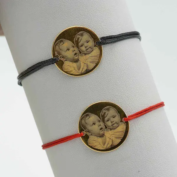 Bratari pentru cupluri personalizate cu poza din argint/placat Aur - Banut 16mm - Snur reglabil