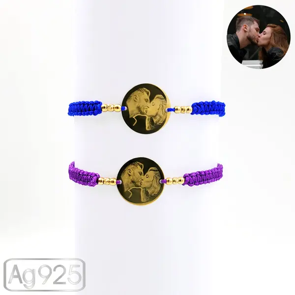 Bratari personalizate cu poza cuplu din argint placat cu aur- Banut 19mm - Snur impletit si bilute Ag