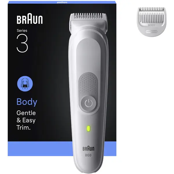 BRAUN Aparat de ingrijire corporala Braun Seria 3 BG3500, +2 Accesoriu de ingrijire: 1 Pieptene, 1 Perie de curatare, Tehnologie SkinGuard, Delicat pentru zone sensibile, Autonomie 80 minute, Rezistent la apa, Gri deschis