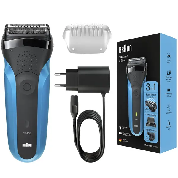 BRAUN Aparat de ras electric Braun Series 3 310BT ProSkin Wet&Dry, MicroComb, cap de tuns, 5 piepteni, Negru/Albastru